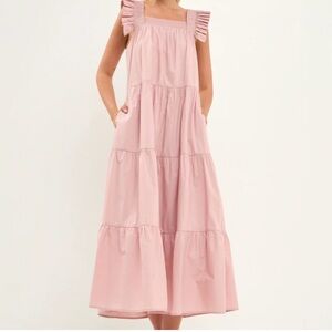 English Factory Pink Tiered Maxi Dress with Ruffled Straps